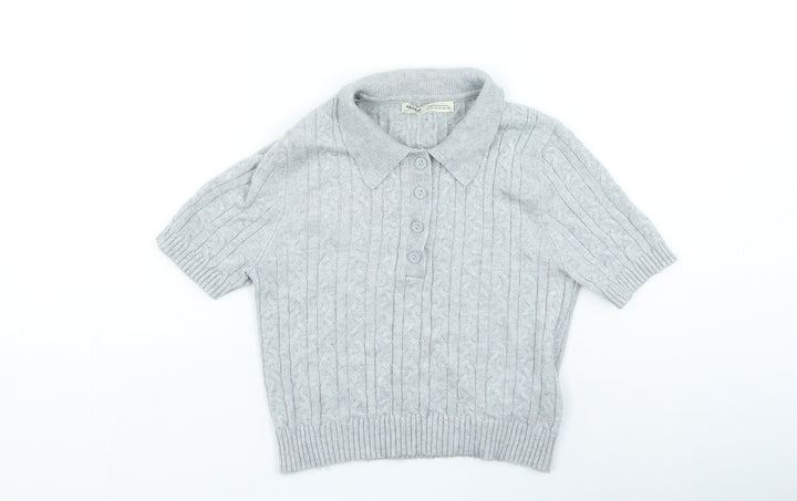 Pull&Bear Womens Grey Collared Viscose Pullover Jumper Size S
