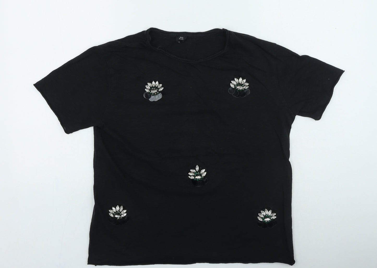 River Island Womens Black Floral Cotton Basic T-Shirt Size 12 Round Neck