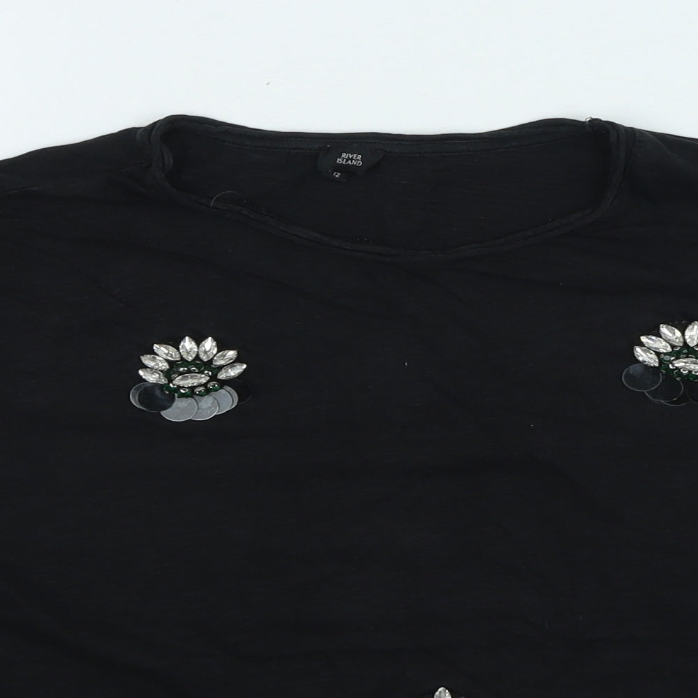 River Island Womens Black Floral Cotton Basic T-Shirt Size 12 Round Neck