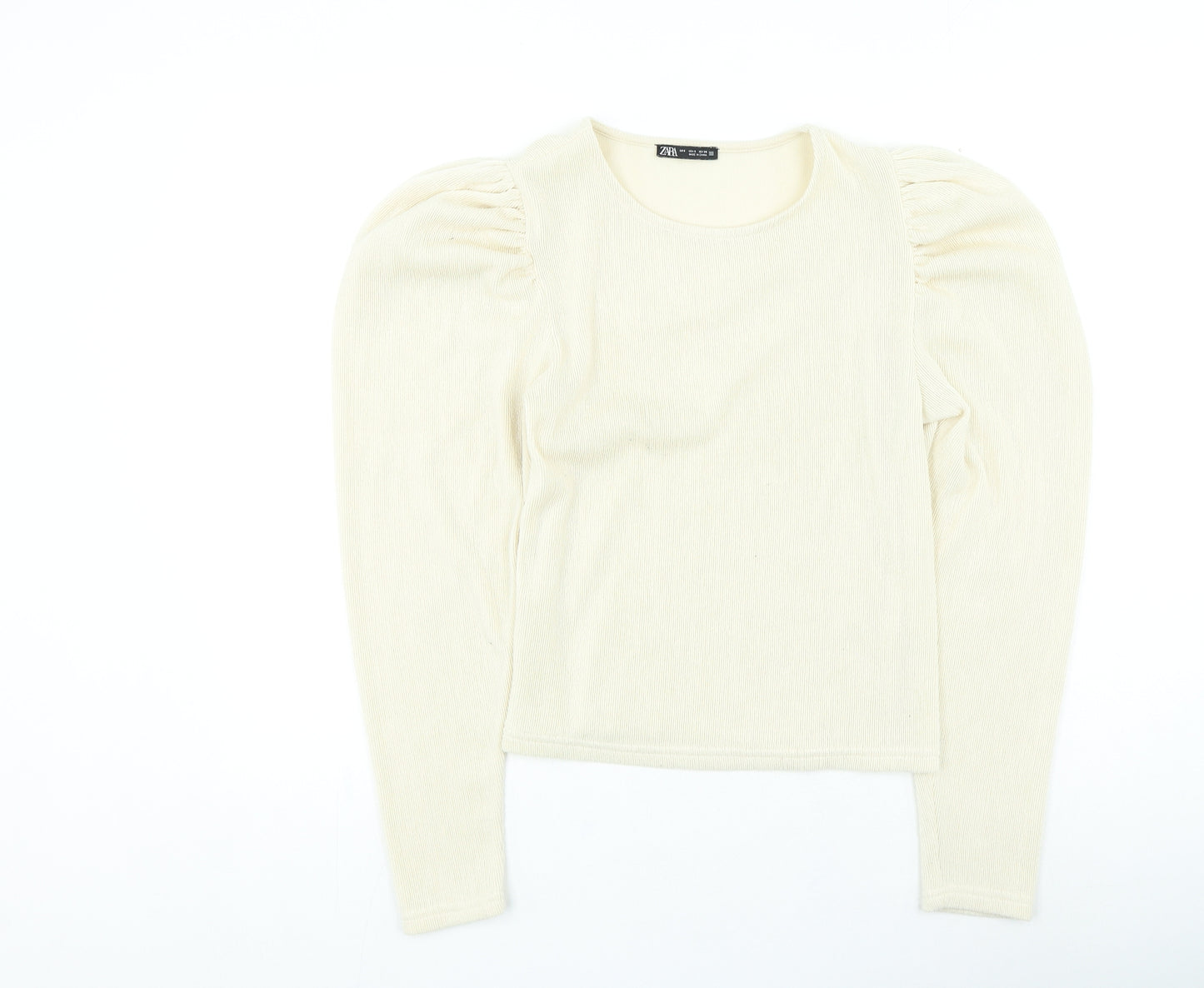 Zara Womens Beige Round Neck Acrylic Pullover Jumper Size S - Puff Sleeve
