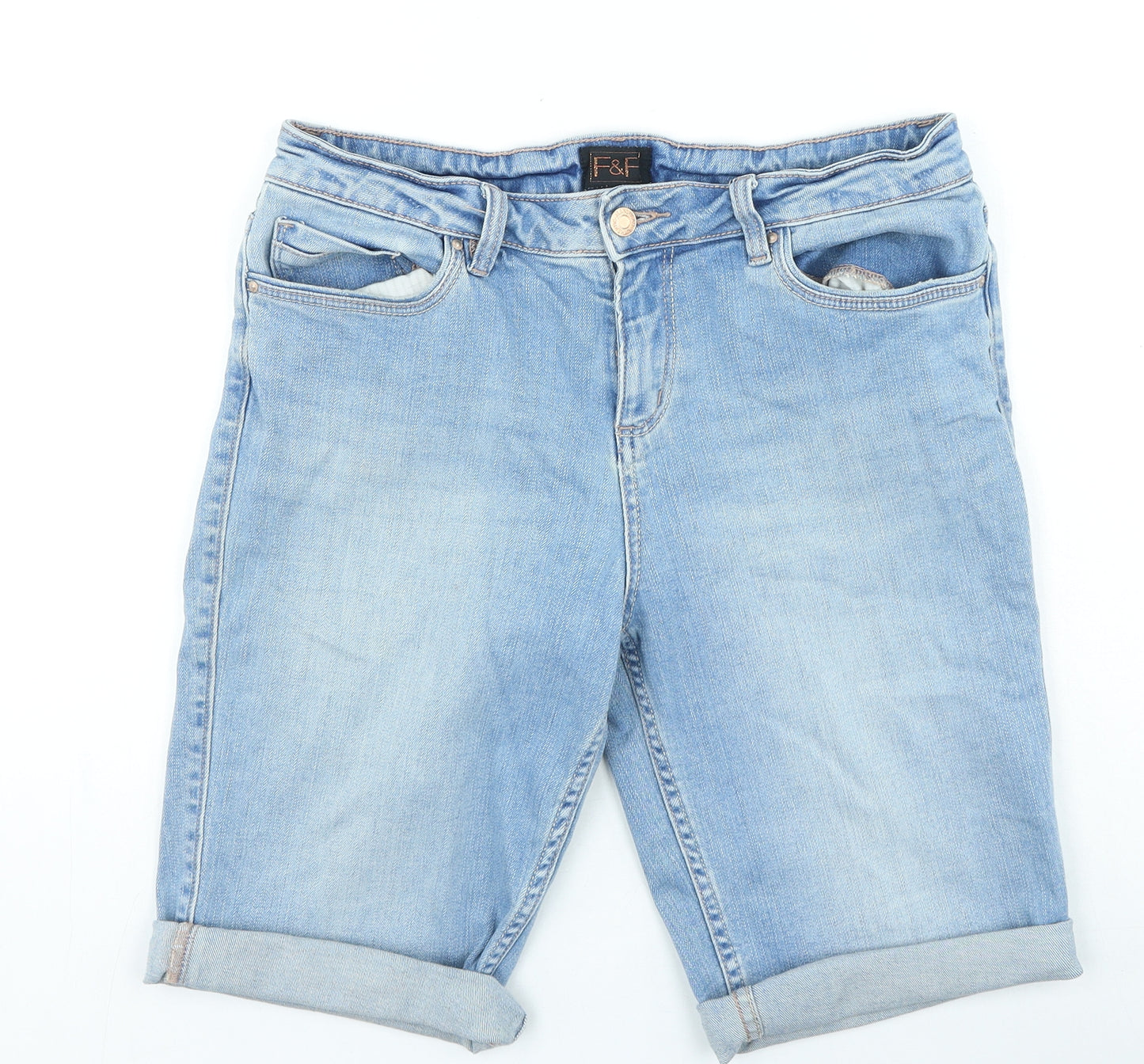 F&F Womens Blue Cotton Mom Shorts Size 10 L10 in Regular Zip