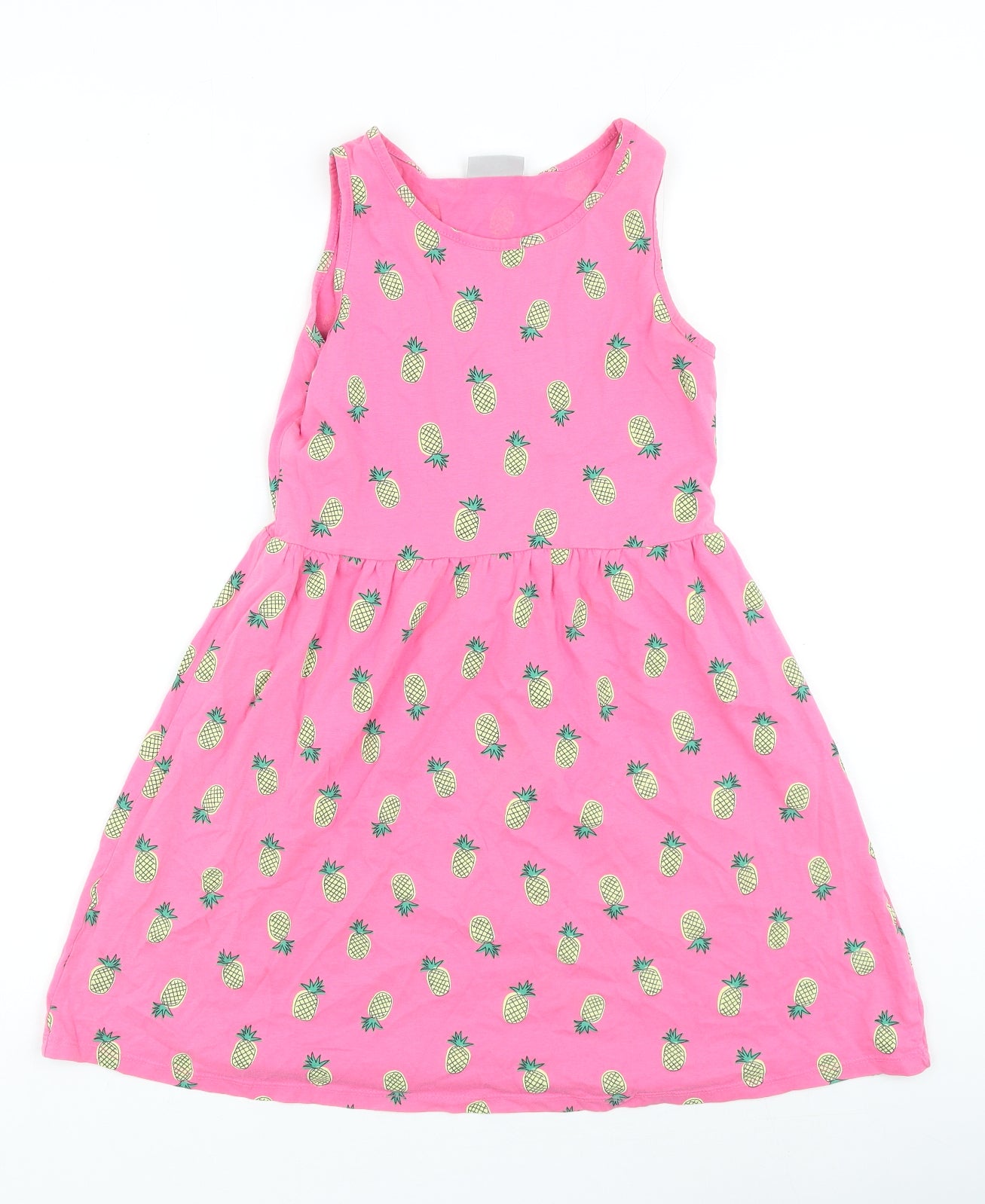 Preworn Girls Pink Geometric Cotton Skater Dress Size 11 Years Round Neck Pullover - Pineapples