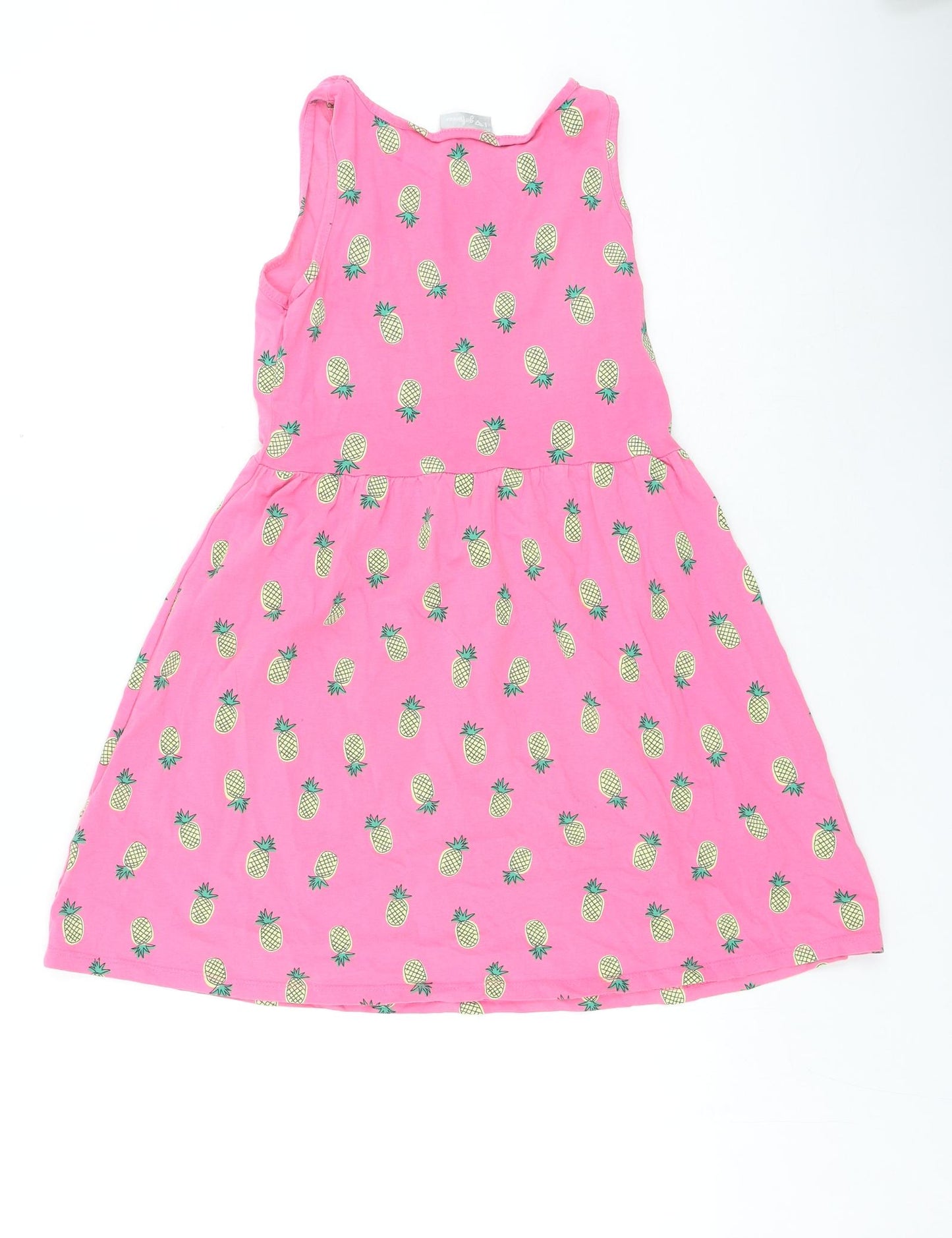 Preworn Girls Pink Geometric Cotton Skater Dress Size 11 Years Round Neck Pullover - Pineapples