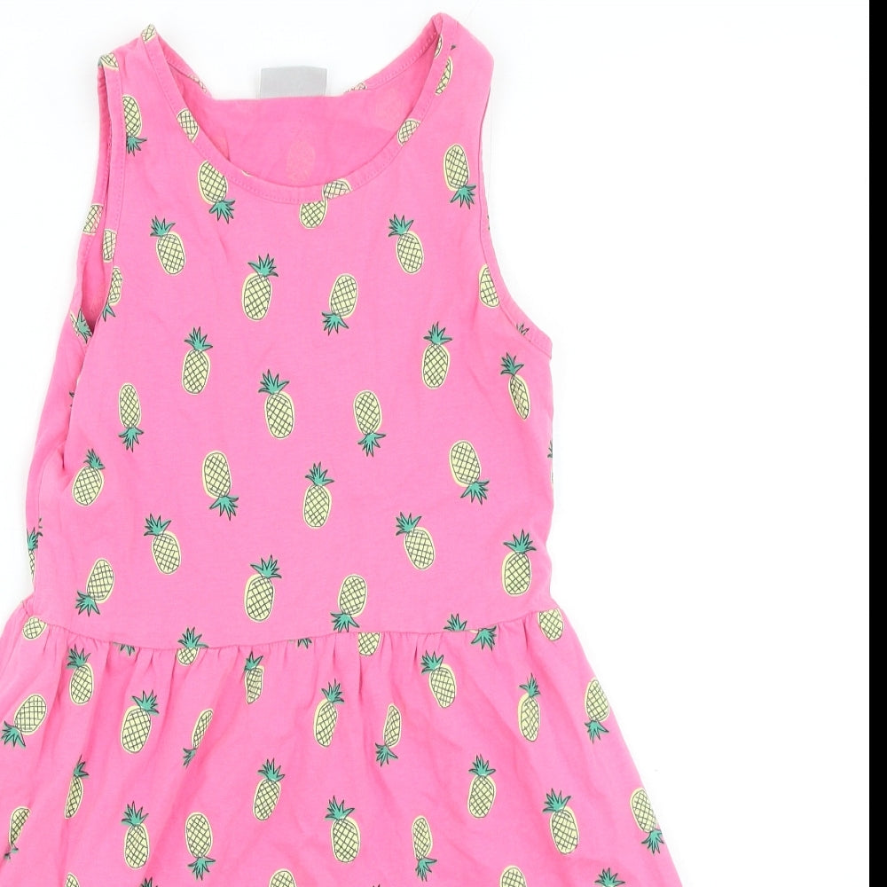 Preworn Girls Pink Geometric Cotton Skater Dress Size 11 Years Round Neck Pullover - Pineapples