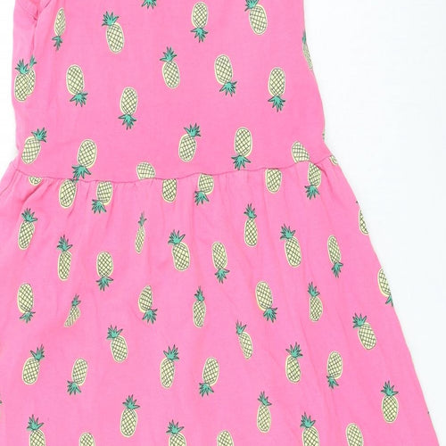 Preworn Girls Pink Geometric Cotton Skater Dress Size 11 Years Round Neck Pullover - Pineapples