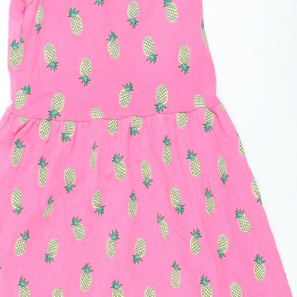 Preworn Girls Pink Geometric Cotton Skater Dress Size 11 Years Round Neck Pullover - Pineapples