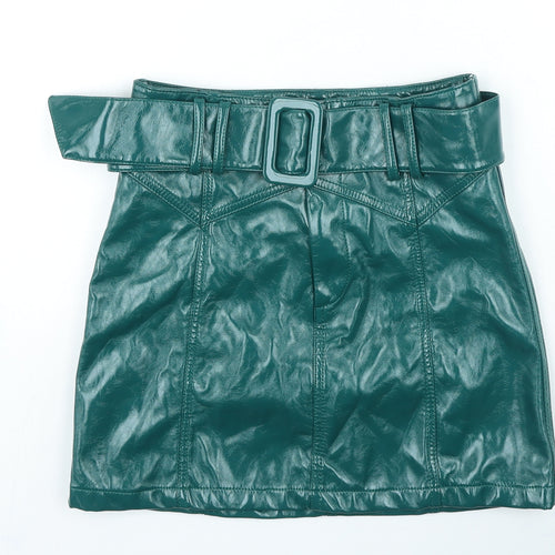 FOREVER 21 Womens Green Polyester Mini Skirt Size S Buckle - Faux Leather