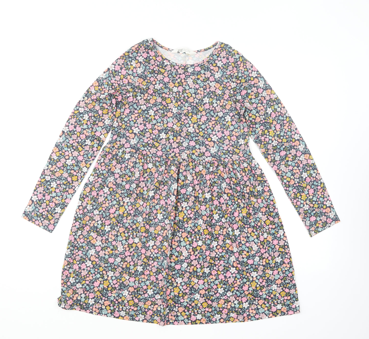 H&M Girls Multicoloured Floral Polyester Skater Dress Size 8-9 Years Round Neck Pullover