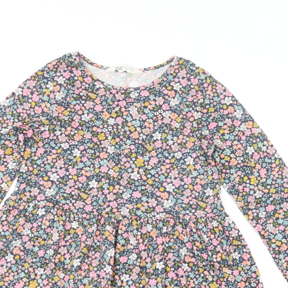 H&M Girls Multicoloured Floral Polyester Skater Dress Size 8-9 Years Round Neck Pullover