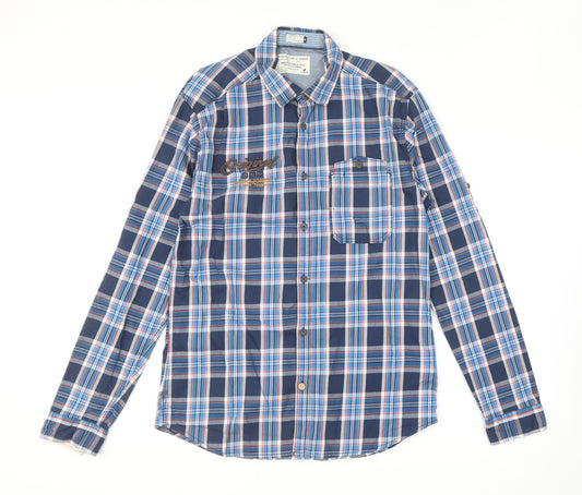 JACK & JONES Mens Blue Plaid Cotton Button-Up Size M Collared Button