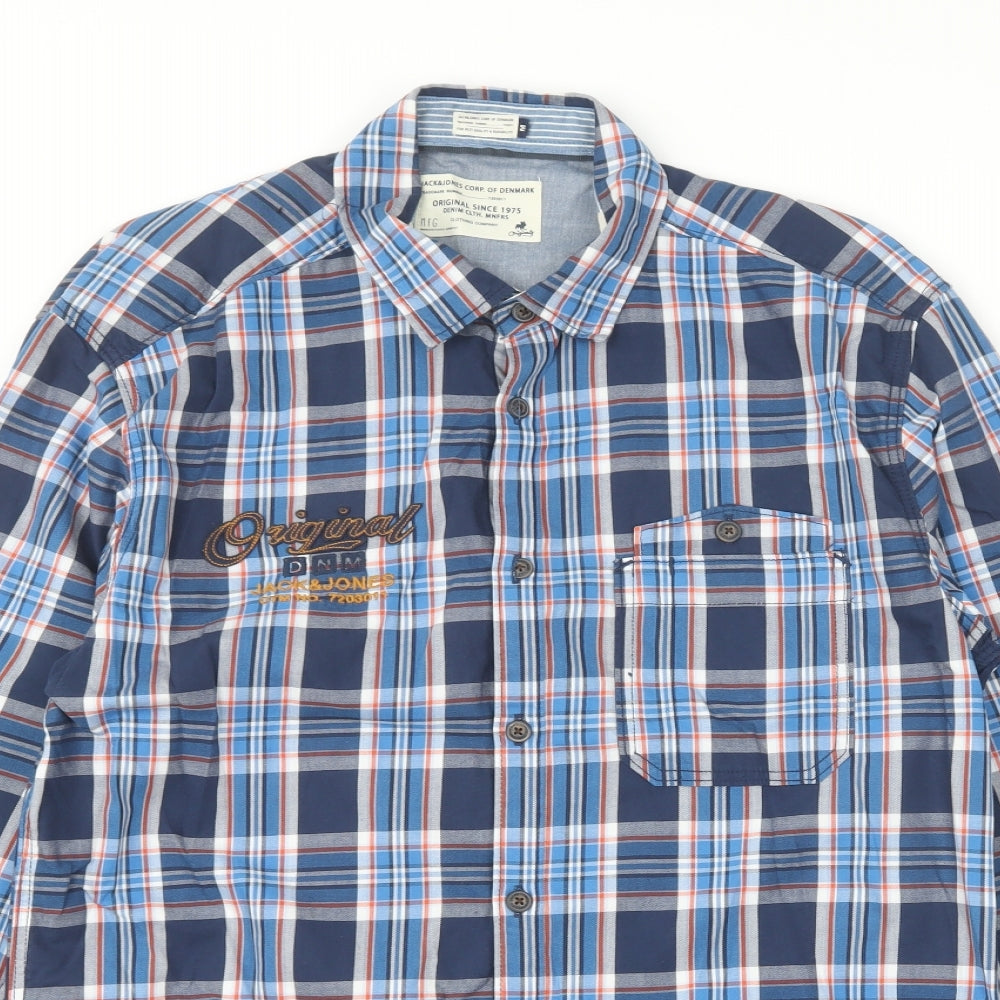 JACK & JONES Mens Blue Plaid Cotton Button-Up Size M Collared Button