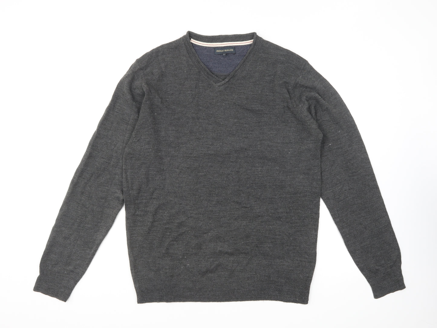 Industrialize Mens Grey V-Neck Acrylic Pullover Jumper Size L