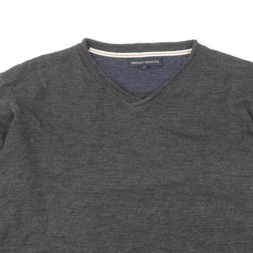 Industrialize Mens Grey V-Neck Acrylic Pullover Jumper Size L