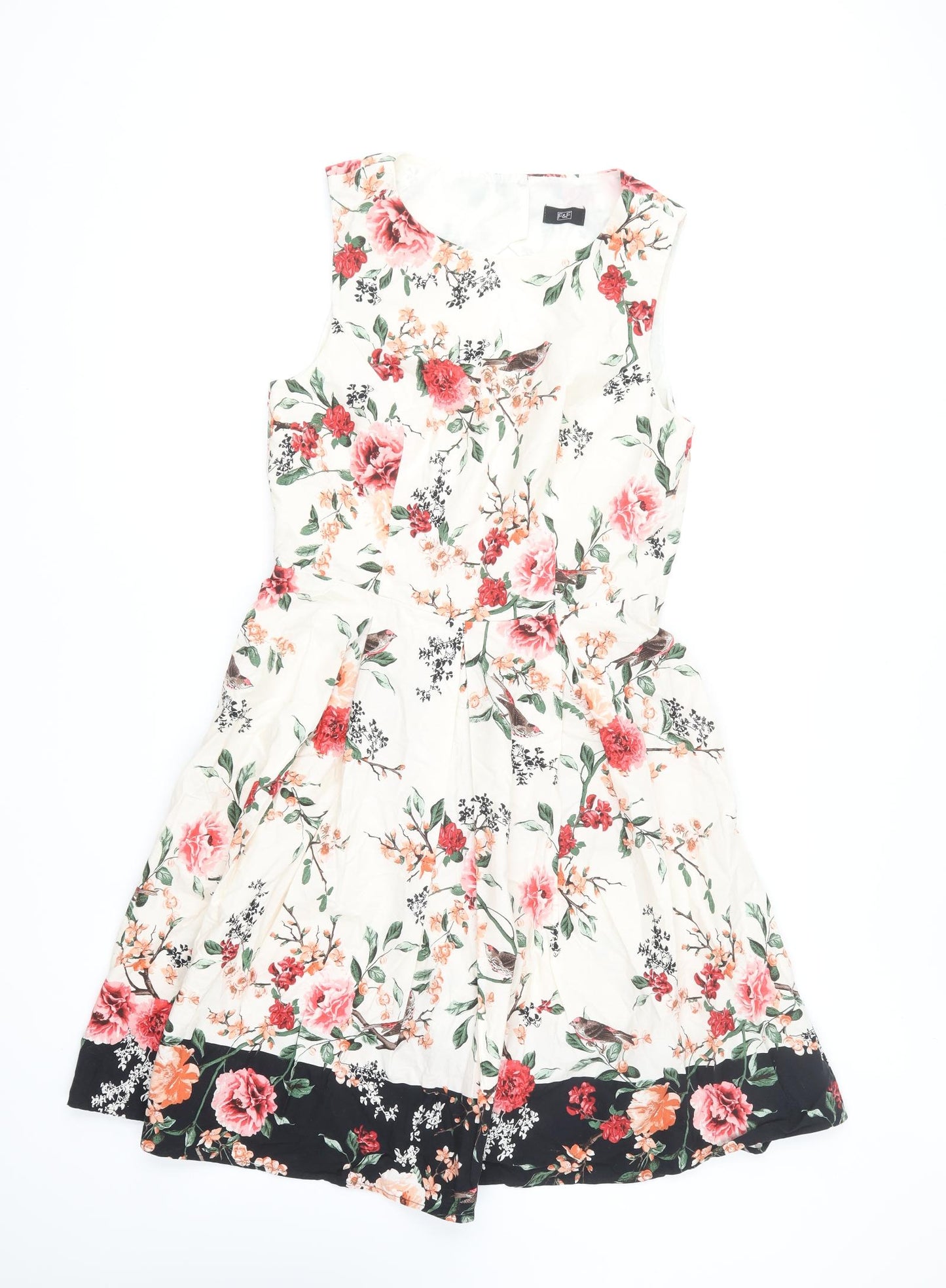 F&F Womens Ivory Floral Polyester Skater Dress Size 12 Round Neck Button