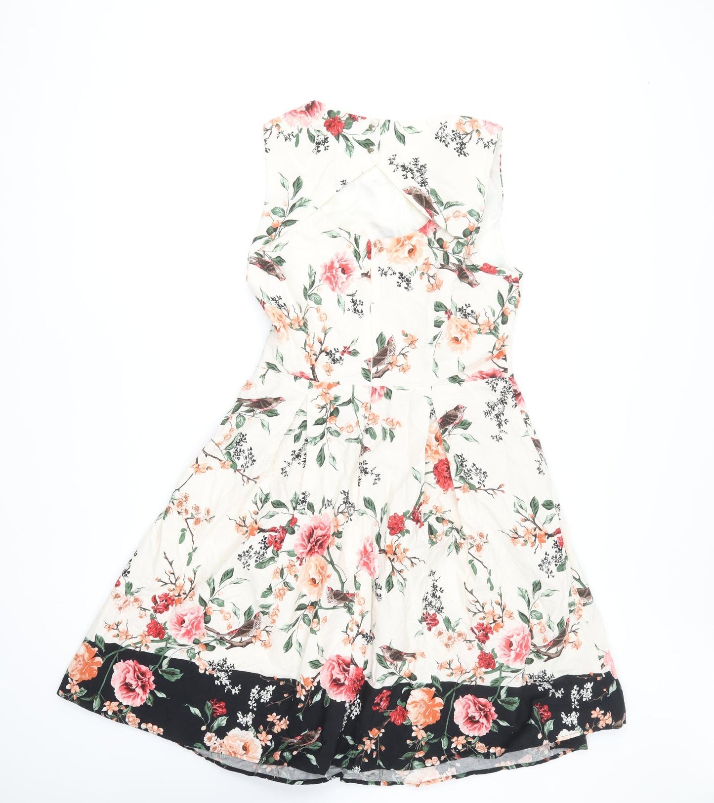 F&F Womens Ivory Floral Polyester Skater Dress Size 12 Round Neck Button