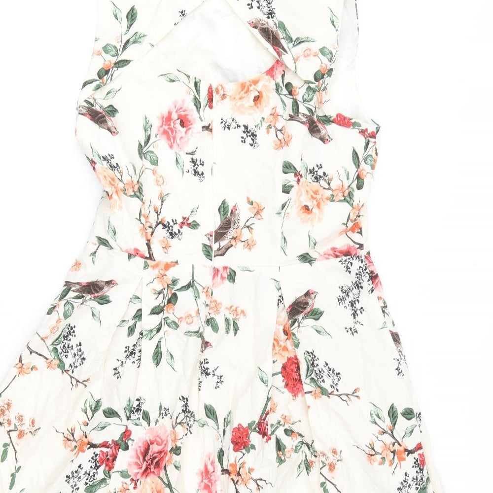 F&F Womens Ivory Floral Polyester Skater Dress Size 12 Round Neck Button