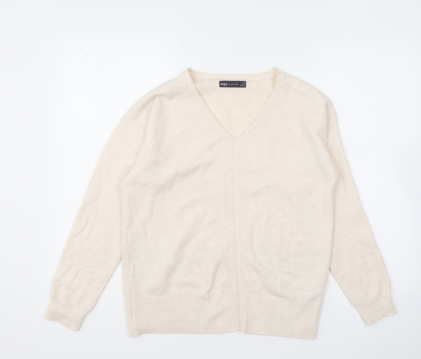 Marks and Spencer Womens Beige V-Neck Polyester Pullover Jumper Size XS