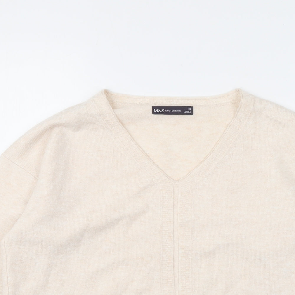 Marks and Spencer Womens Beige V-Neck Polyester Pullover Jumper Size XS