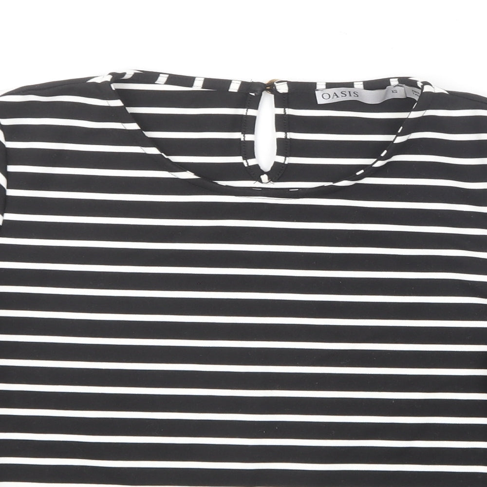 Oasis Womens Black Striped Polyester Basic T-Shirt Size XS Round Neck