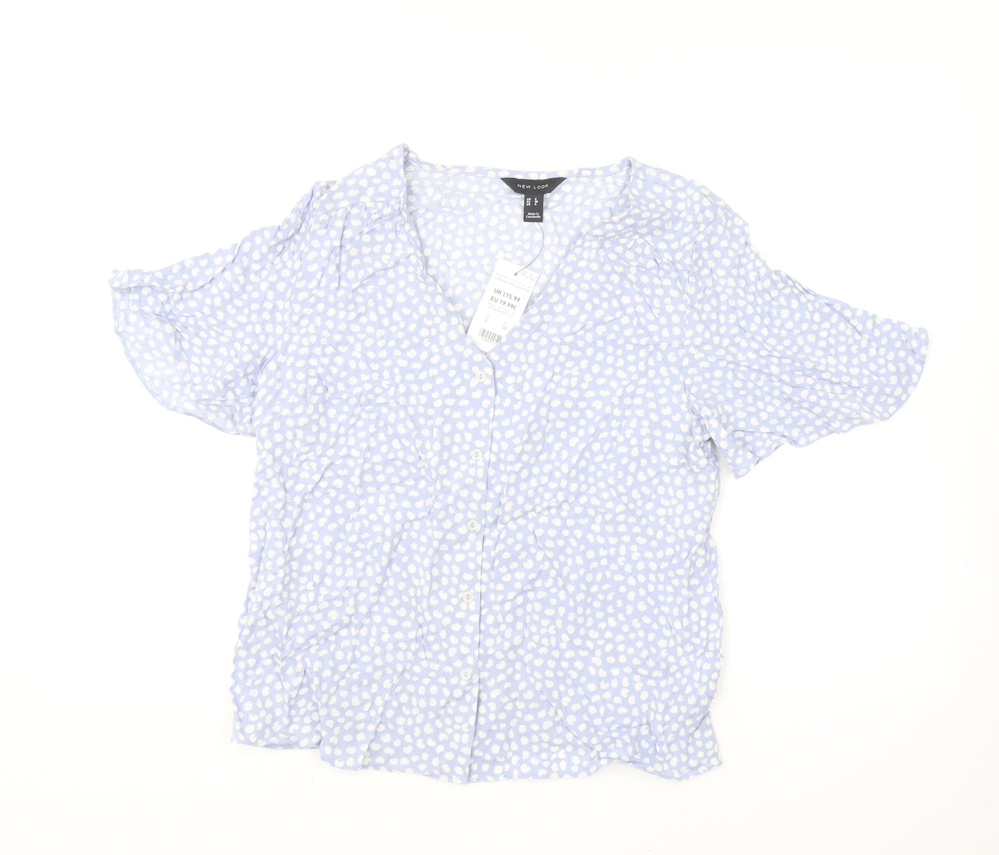 New Look Womens Blue Polka Dot Viscose Basic Blouse Size 8 V-Neck