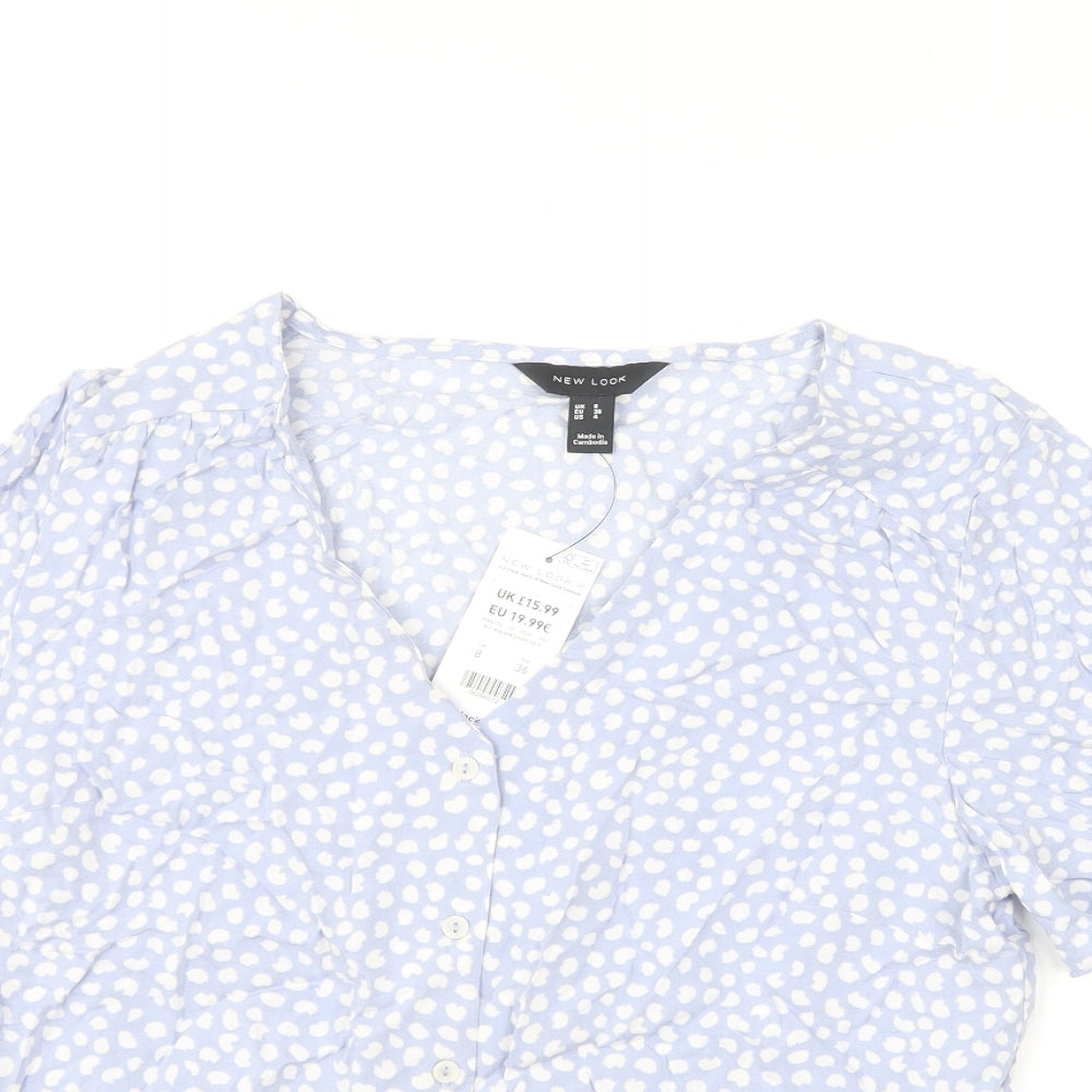 New Look Womens Blue Polka Dot Viscose Basic Blouse Size 8 V-Neck