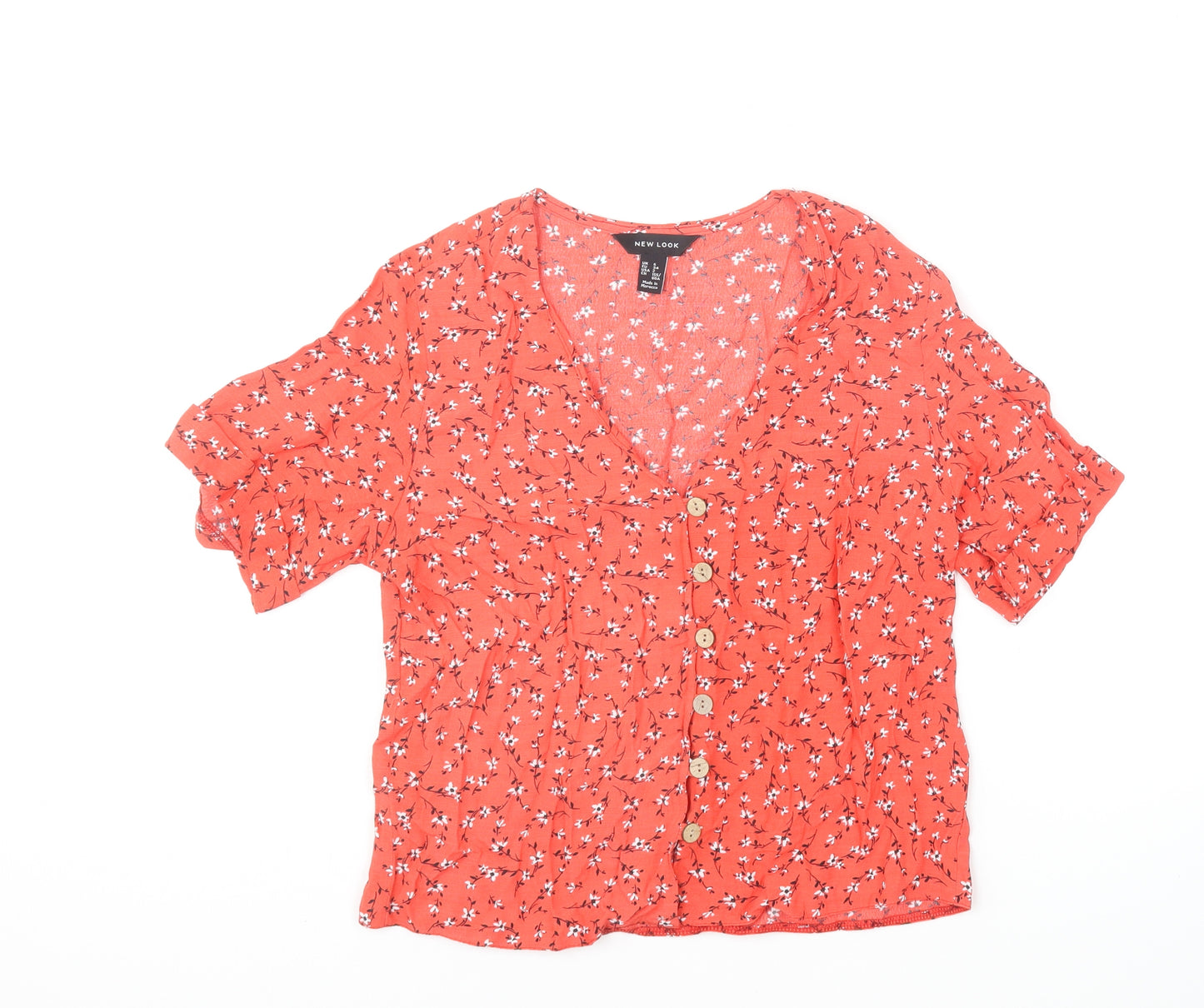New Look Womens Red Floral Viscose Basic Blouse Size 6 V-Neck