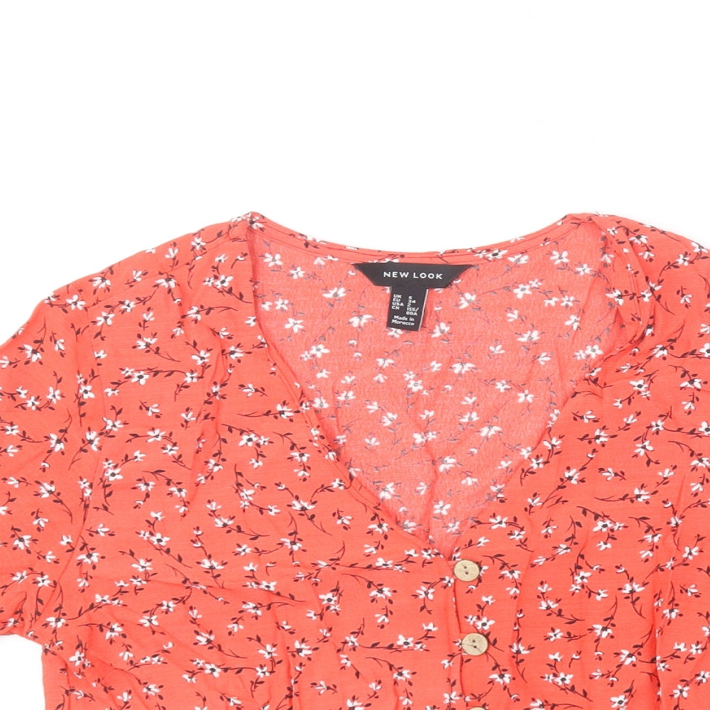 New Look Womens Red Floral Viscose Basic Blouse Size 6 V-Neck