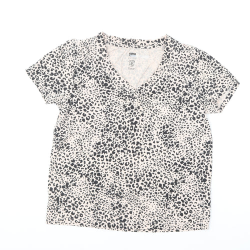 F&F Womens Beige Animal Print Cotton Basic T-Shirt Size 8 V-Neck