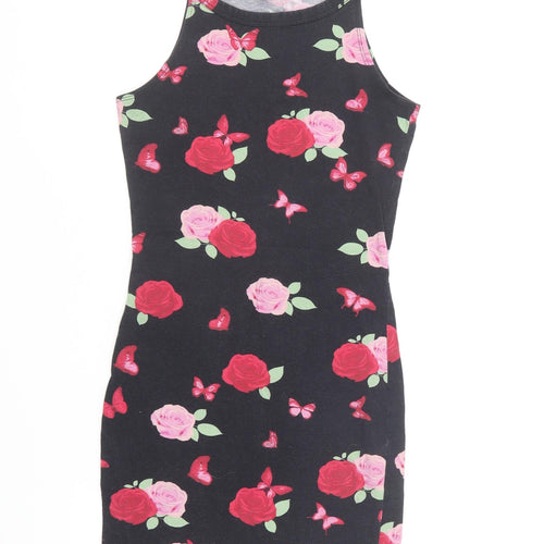 Blue Zoo Girls Black Floral Cotton Pencil Dress Size 9-10 Years Halter Pullover