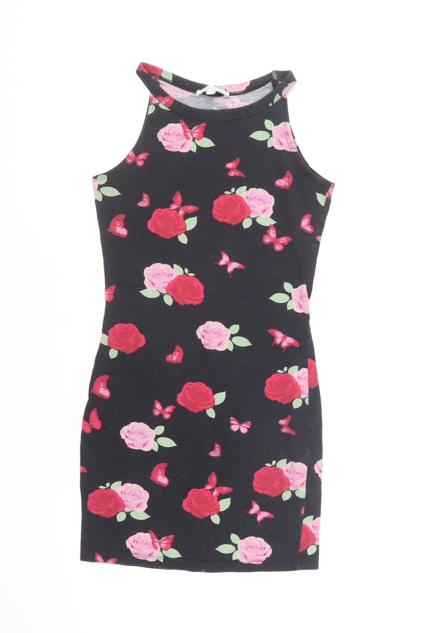 Blue Zoo Girls Black Floral Cotton Pencil Dress Size 9-10 Years Halter Pullover