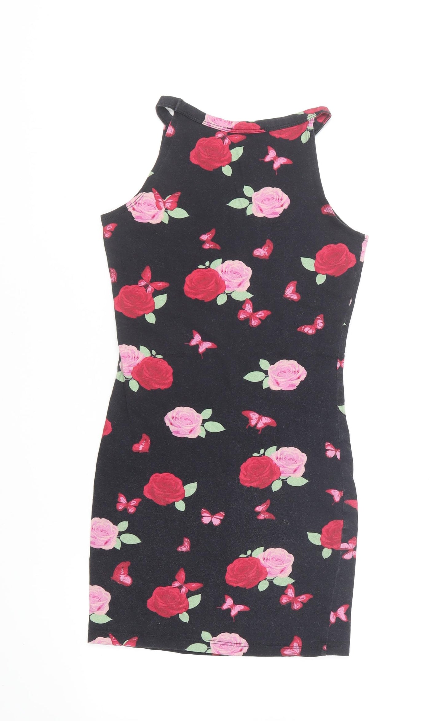 Blue Zoo Girls Black Floral Cotton Pencil Dress Size 9-10 Years Halter Pullover