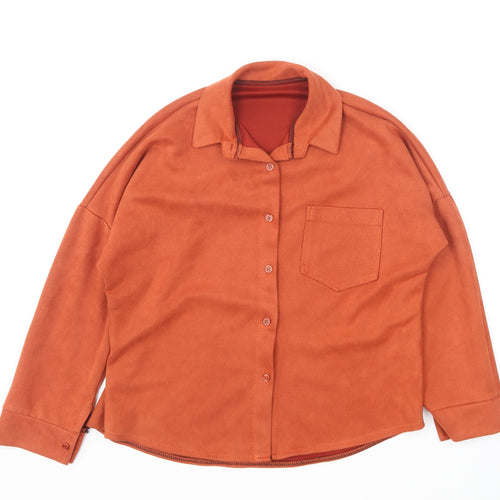 Preworn Womens Orange Polyester Basic Button-Up Size L Collared