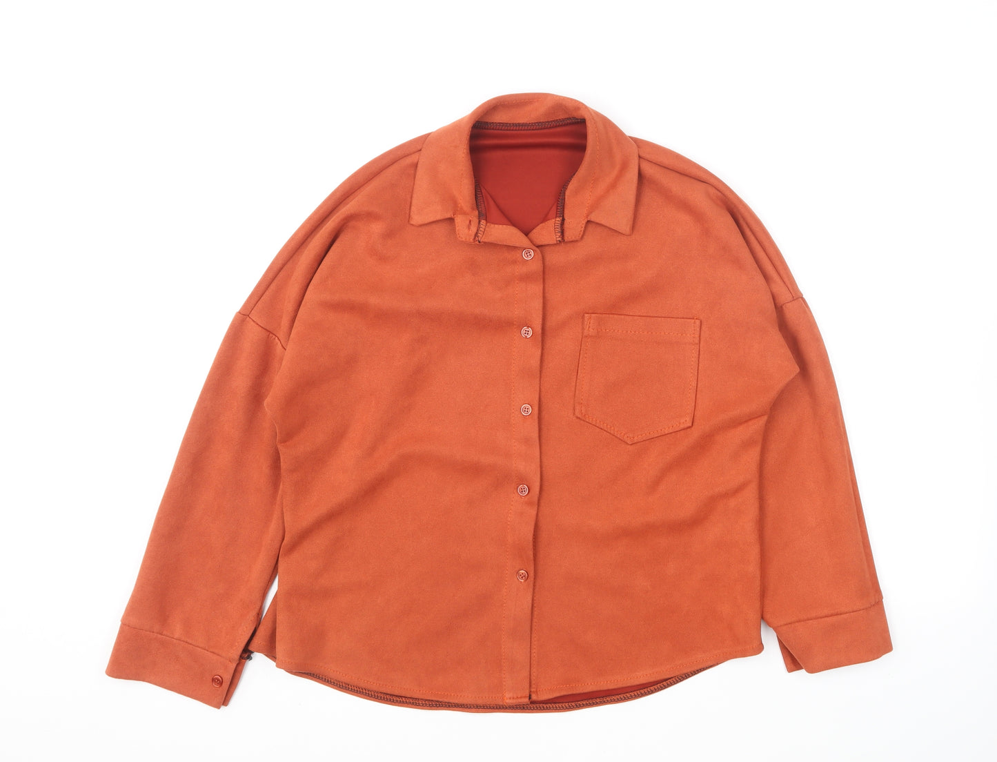 Preworn Womens Orange Polyester Basic Button-Up Size L Collared