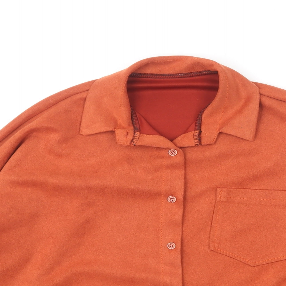 Preworn Womens Orange Polyester Basic Button-Up Size L Collared
