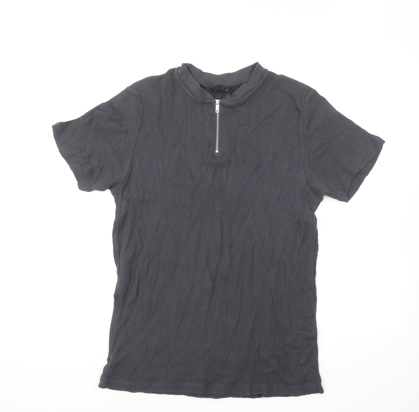 Boohoo Mens Grey Cotton Polo Size L Round Neck Pullover - Ribbed