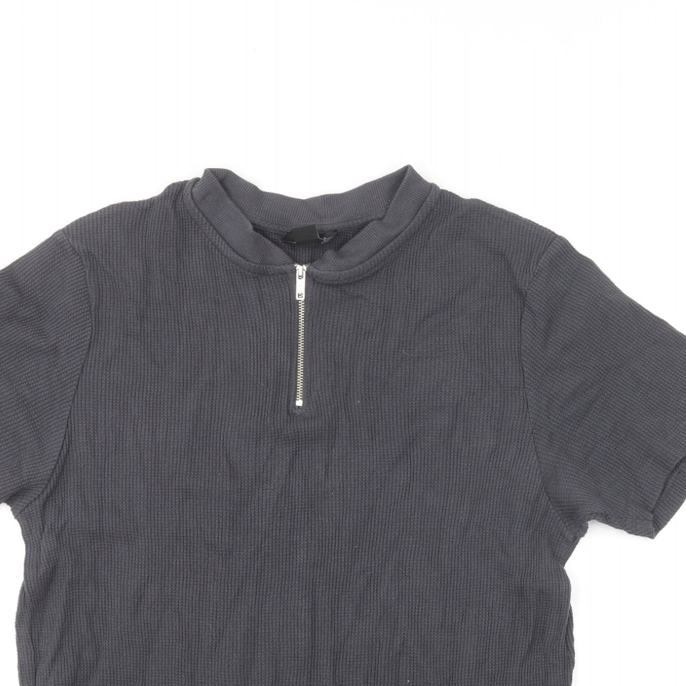 Boohoo Mens Grey Cotton Polo Size L Round Neck Pullover - Ribbed