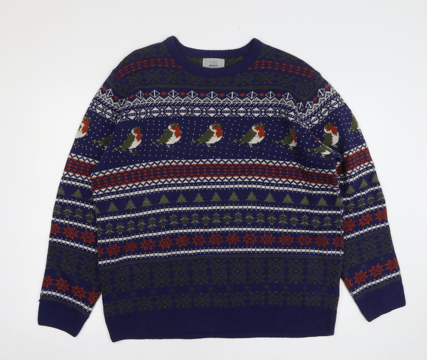 Marks and Spencer Mens Blue Round Neck Fair Isle Acrylic Pullover Jumper Size XL - Christmas