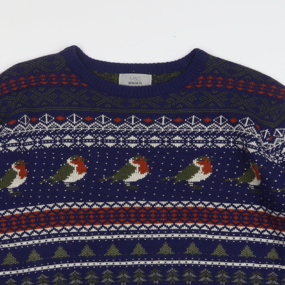 Marks and Spencer Mens Blue Round Neck Fair Isle Acrylic Pullover Jumper Size XL - Christmas