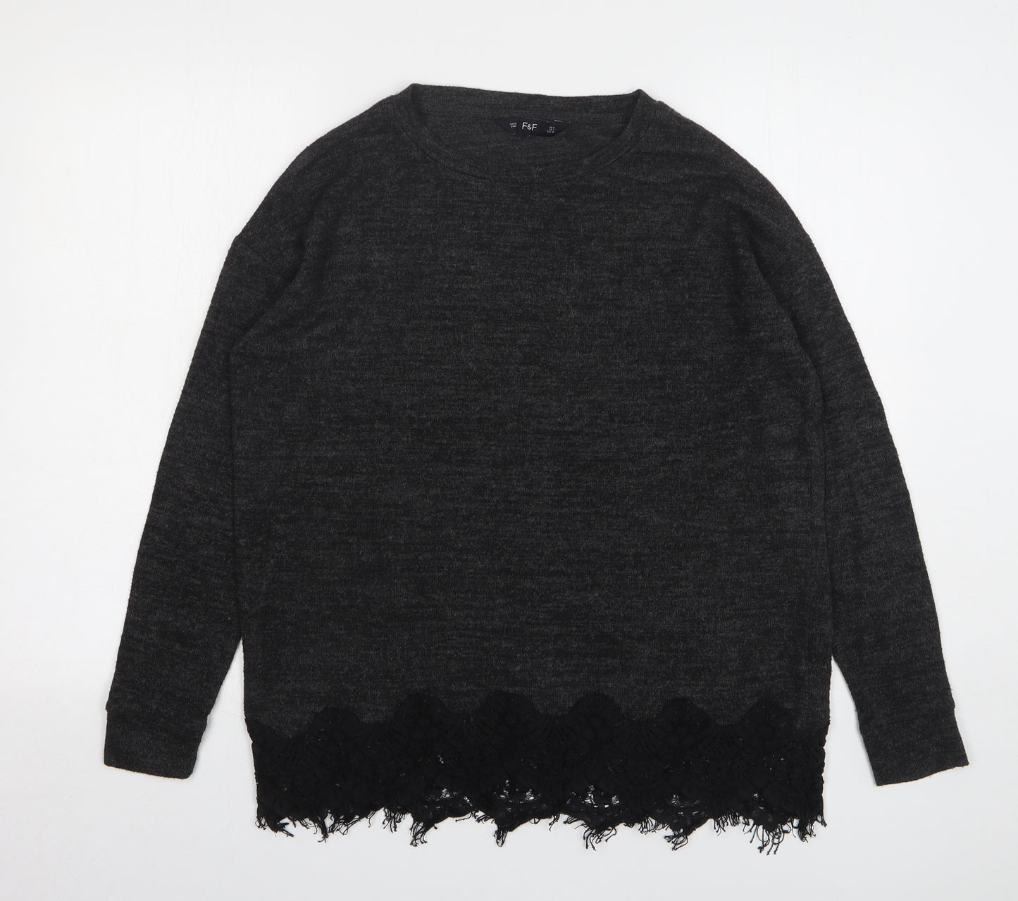F&F Womens Grey Round Neck Polyester Pullover Jumper Size 8 - Lace Trims