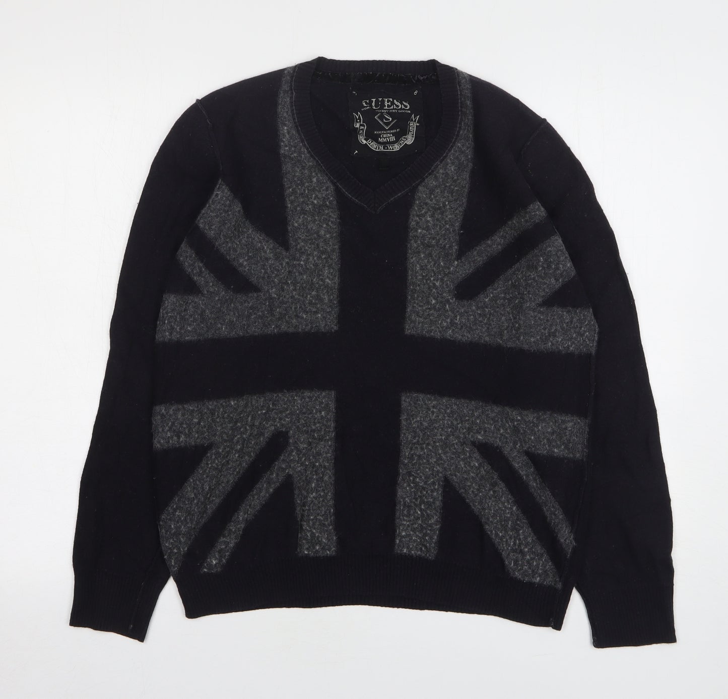 GUESS Womens Blue V-Neck Geometric Cotton Pullover Jumper Size S - Union Jack