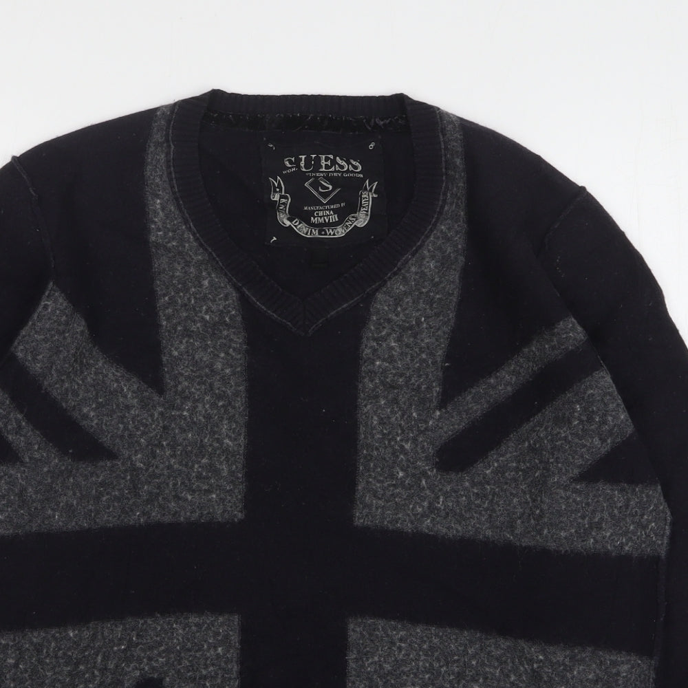 GUESS Womens Blue V-Neck Geometric Cotton Pullover Jumper Size S - Union Jack