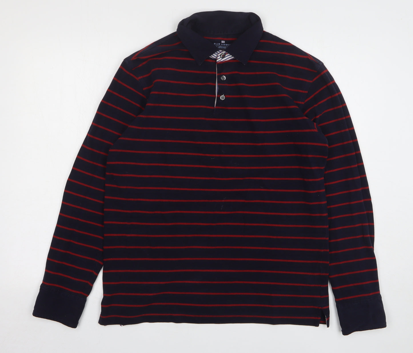 Marks and Spencer Mens Blue Striped Cotton Polo Size S Collared Button