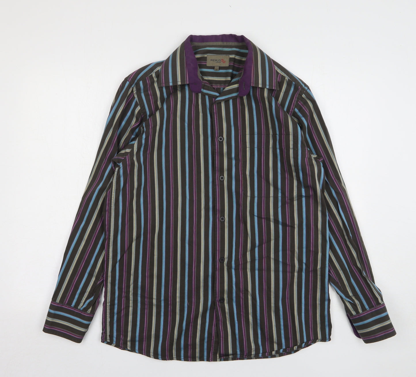 REMUS Mens Multicoloured Striped Cotton Button-Up Size M Collared Button