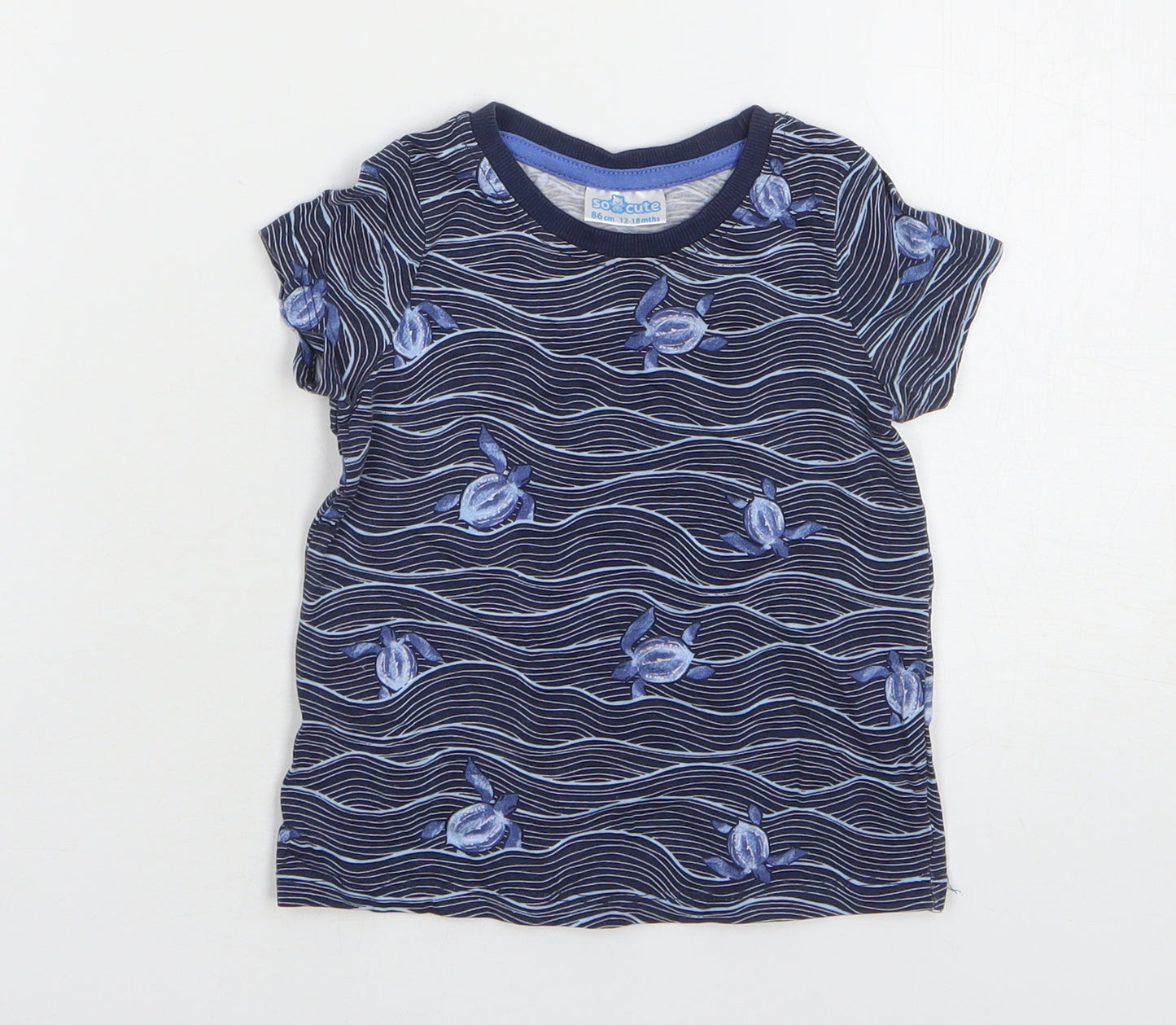 SoCute Boys Blue Geometric Cotton Basic T-Shirt Size 12-18 Months Round Neck Pullover - Turtles