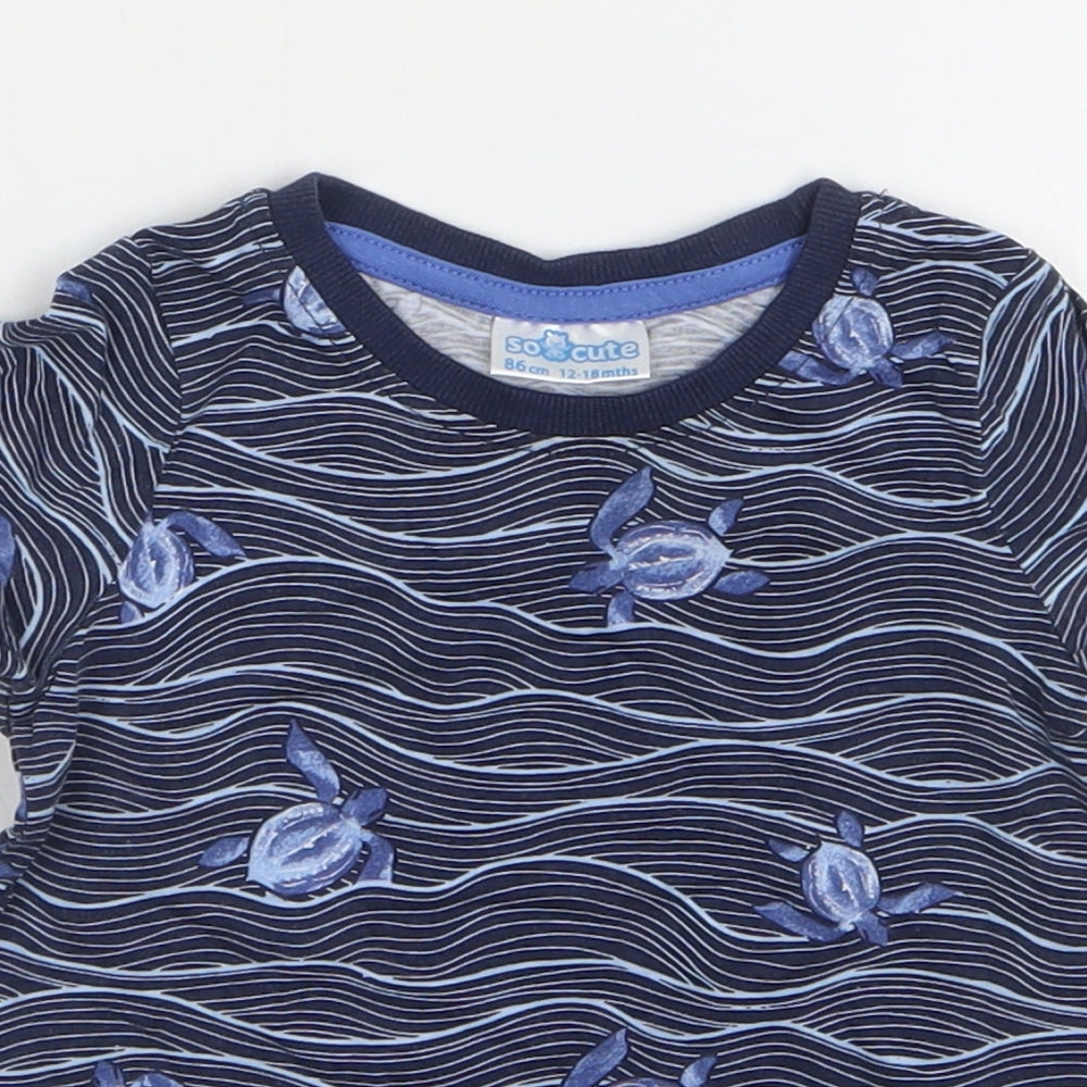 SoCute Boys Blue Geometric Cotton Basic T-Shirt Size 12-18 Months Round Neck Pullover - Turtles