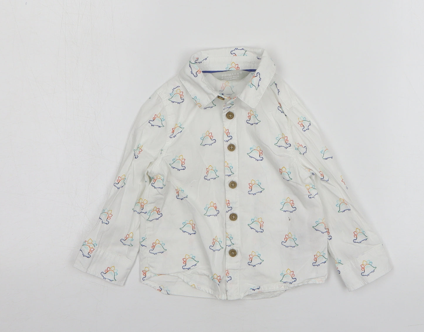 Primark Boys White Cotton Basic Button-Up Size 9-12 Months Collared Button - Dinosaur