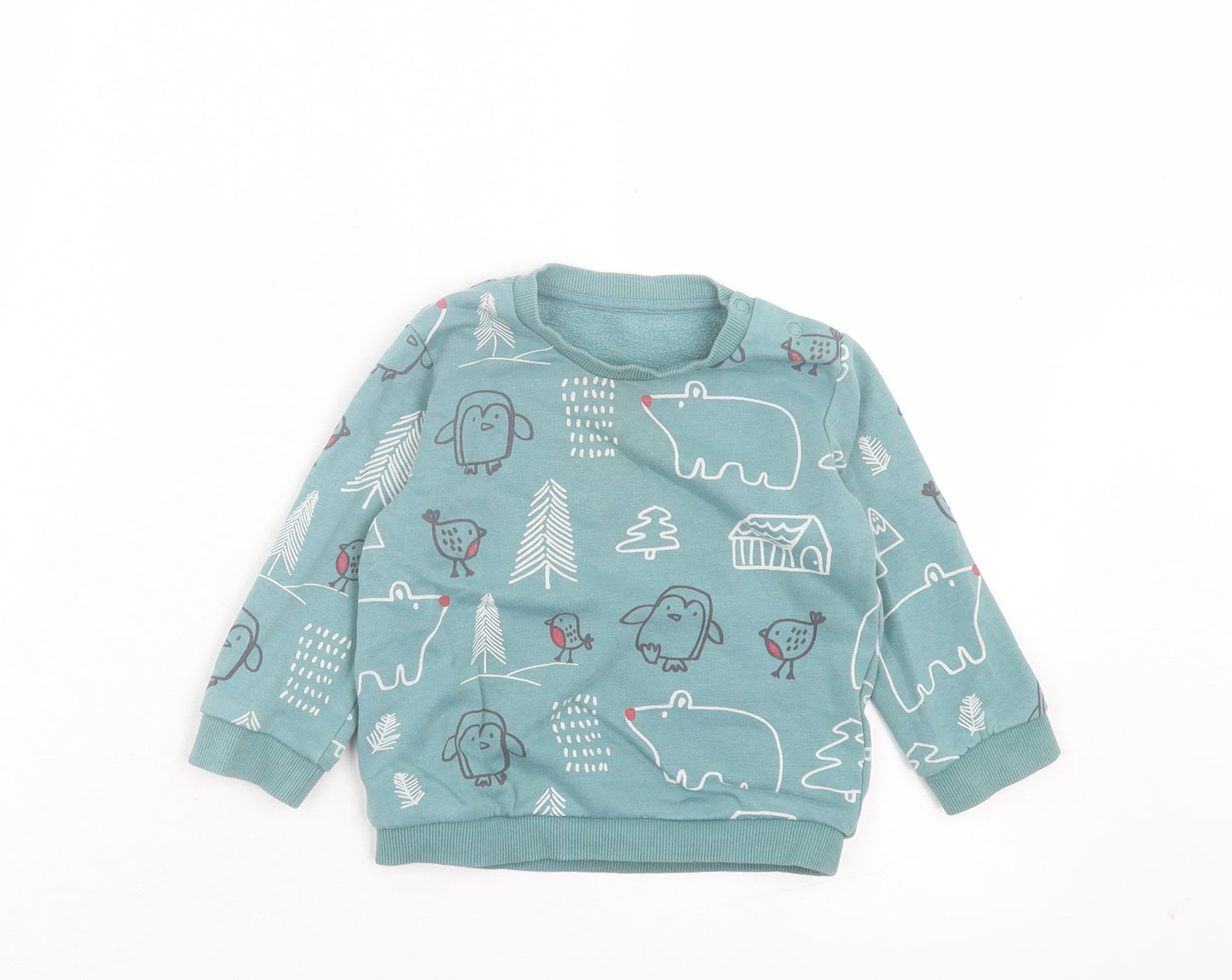Marks and Spencer Baby Green Geometric Cotton Basic Casual Size 12-18 Months Crew Neck Pullover - Bird Pattern