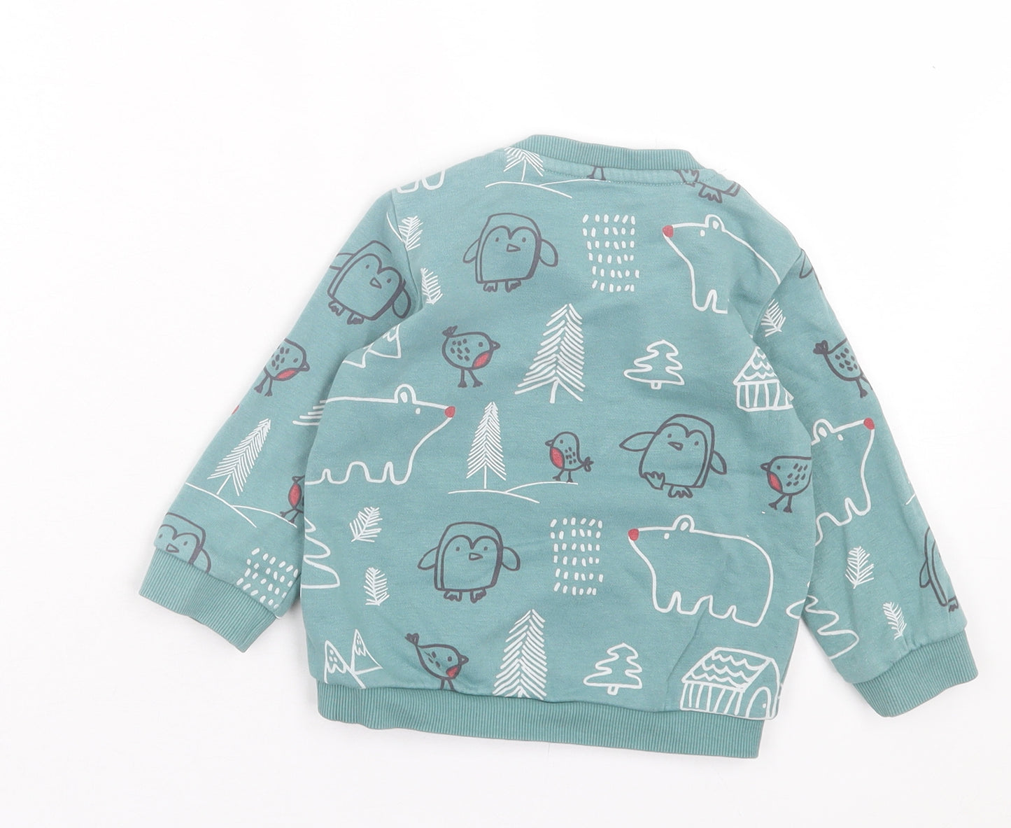 Marks and Spencer Baby Green Geometric Cotton Basic Casual Size 12-18 Months Crew Neck Pullover - Bird Pattern