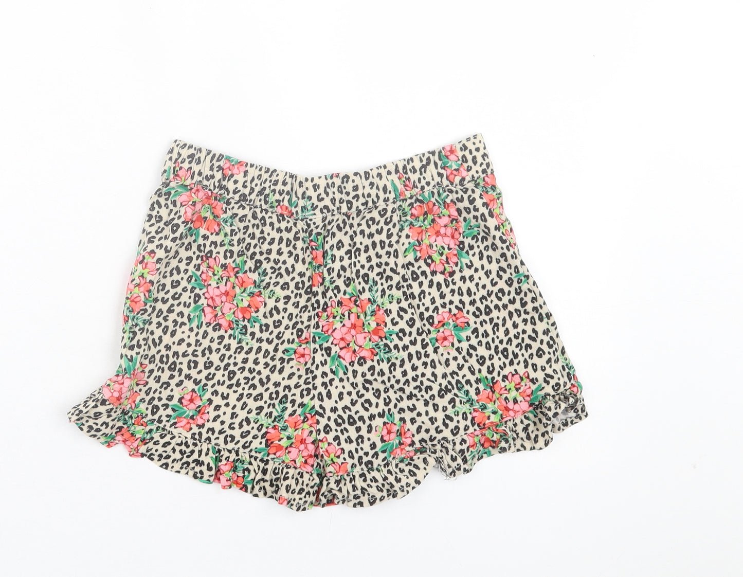 NEXT Girls Multicoloured Animal Print Viscose Paperbag Shorts Size 7 Years Regular - Floral Leopard Print