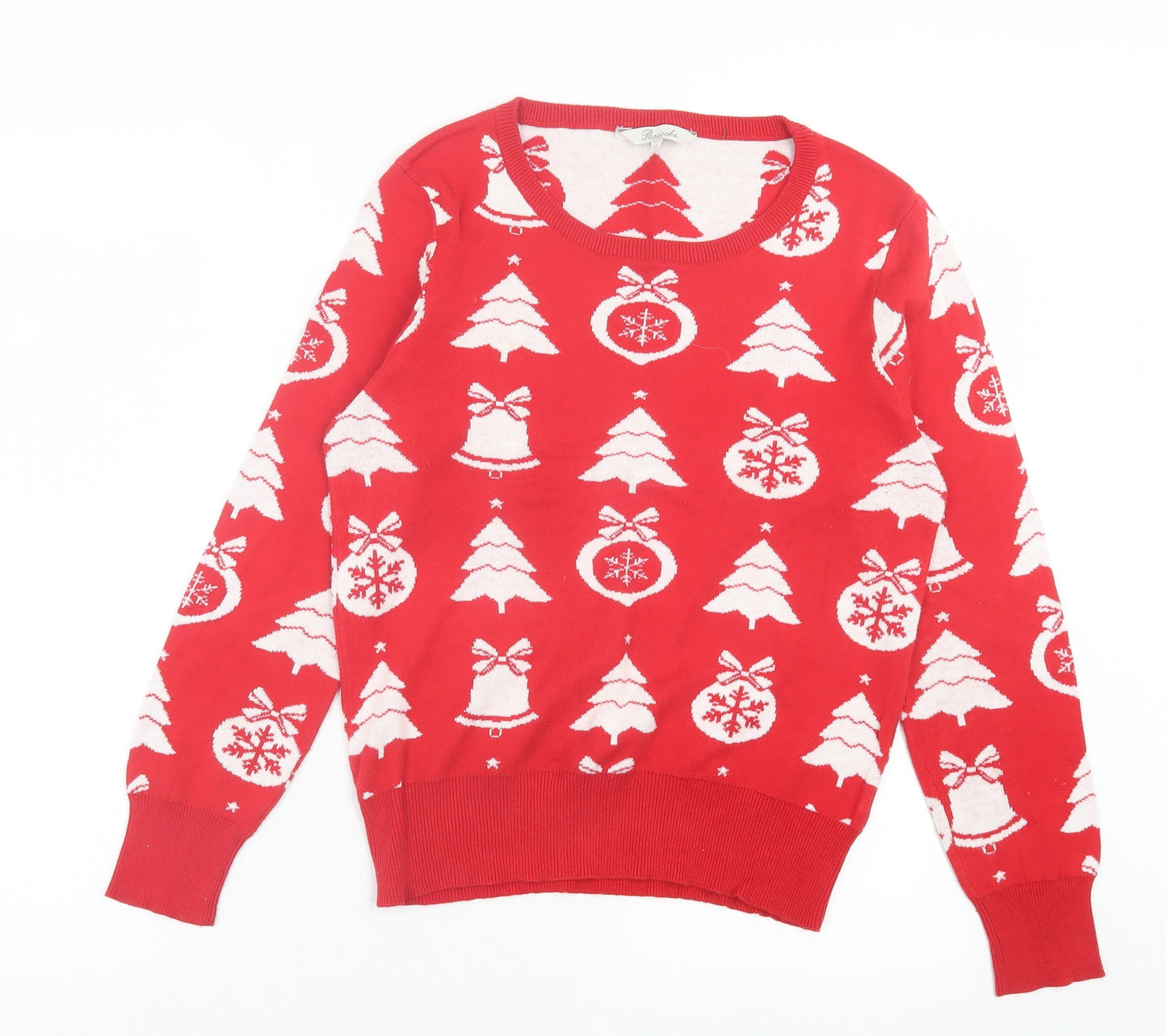 Peacocks Womens Red Crew Neck Geometric Cotton Pullover Jumper Size 12 - Christmas